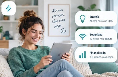 Una mujer revisa en su tablet, desde el sofá, el ahorro en energía, la seguridad del hogar y la financiación
